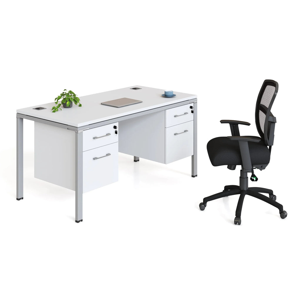 White Single Desk with 2 Pedestals O10201