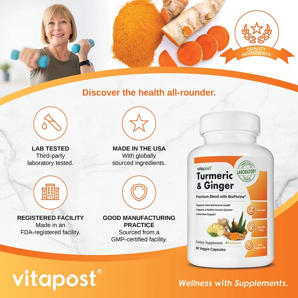 Turmeric & Ginger Supplement with BioPerine 60 Capsules K3888