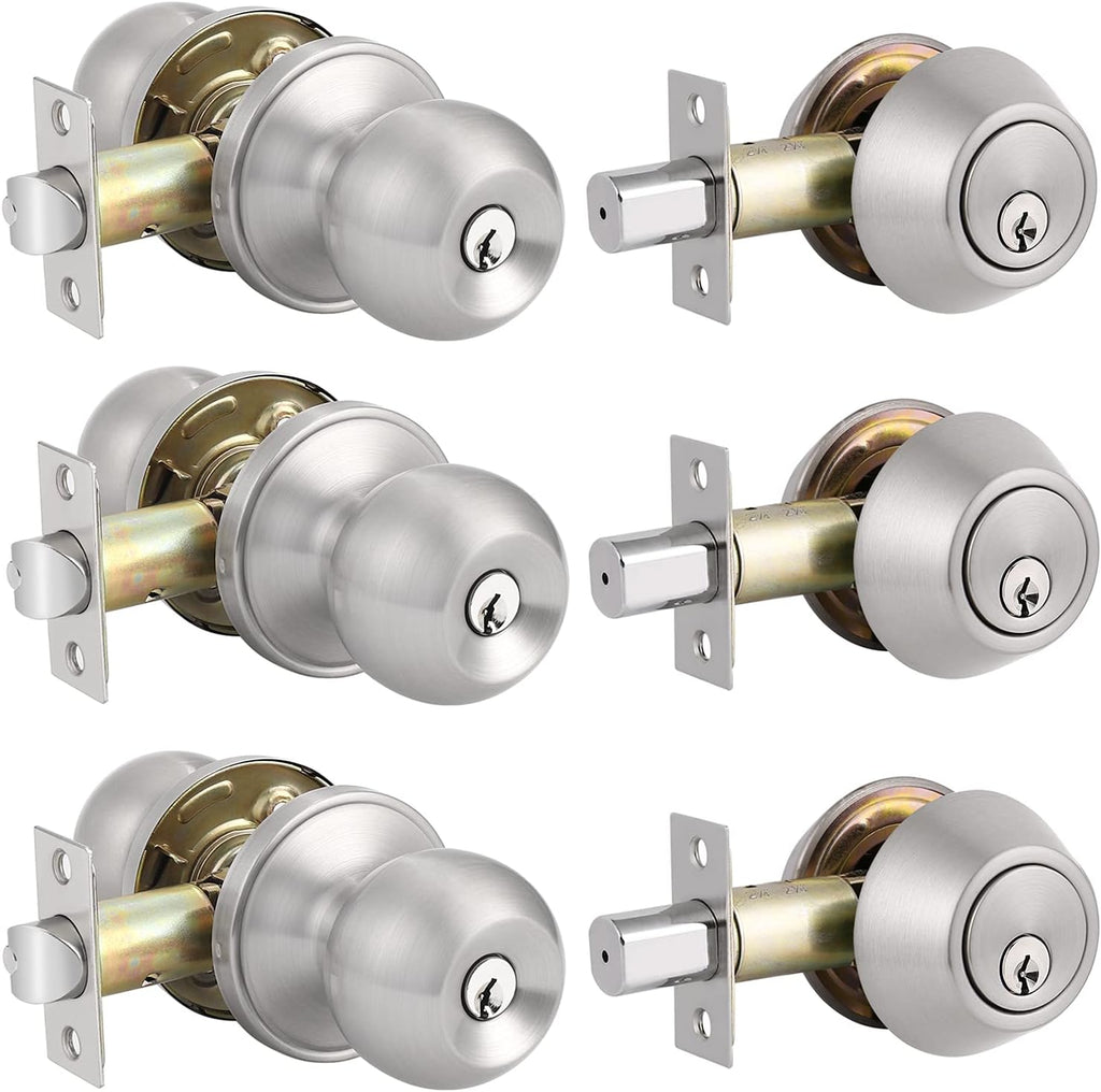 2 Pack Entry Door Knobs with Double Cylinder Deadbolt, Satin Nickel Finish W148614