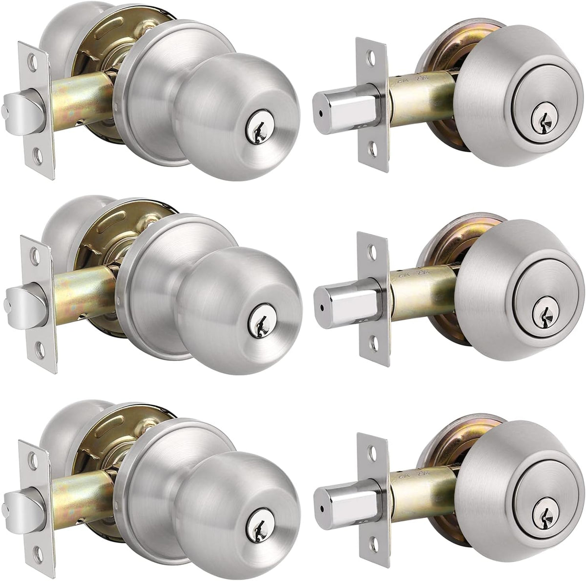 2 Pack Entry Door Knobs with Double Cylinder Deadbolt, Satin Nickel Finish W148614