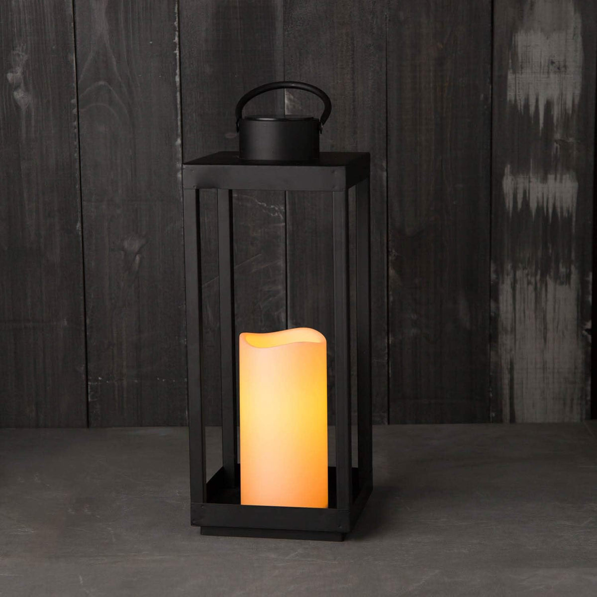 Large Outdoor Lantern with Solar Candle, 18 Inch Tall, Matte Black Metal Frame D2981