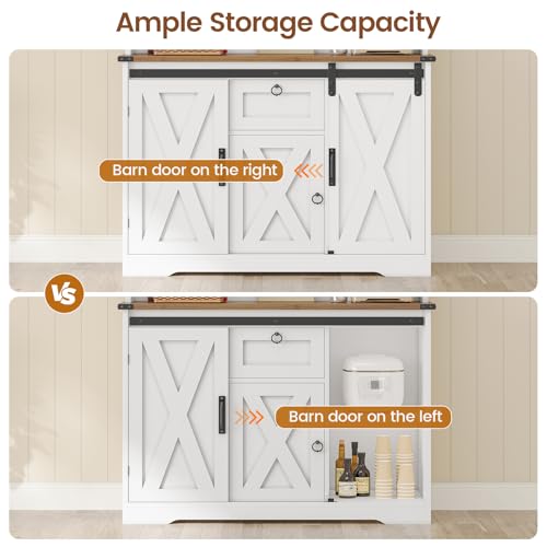 White Kitchen Pantry Cabinet with Drawer and Sliding Barn Doors I4220