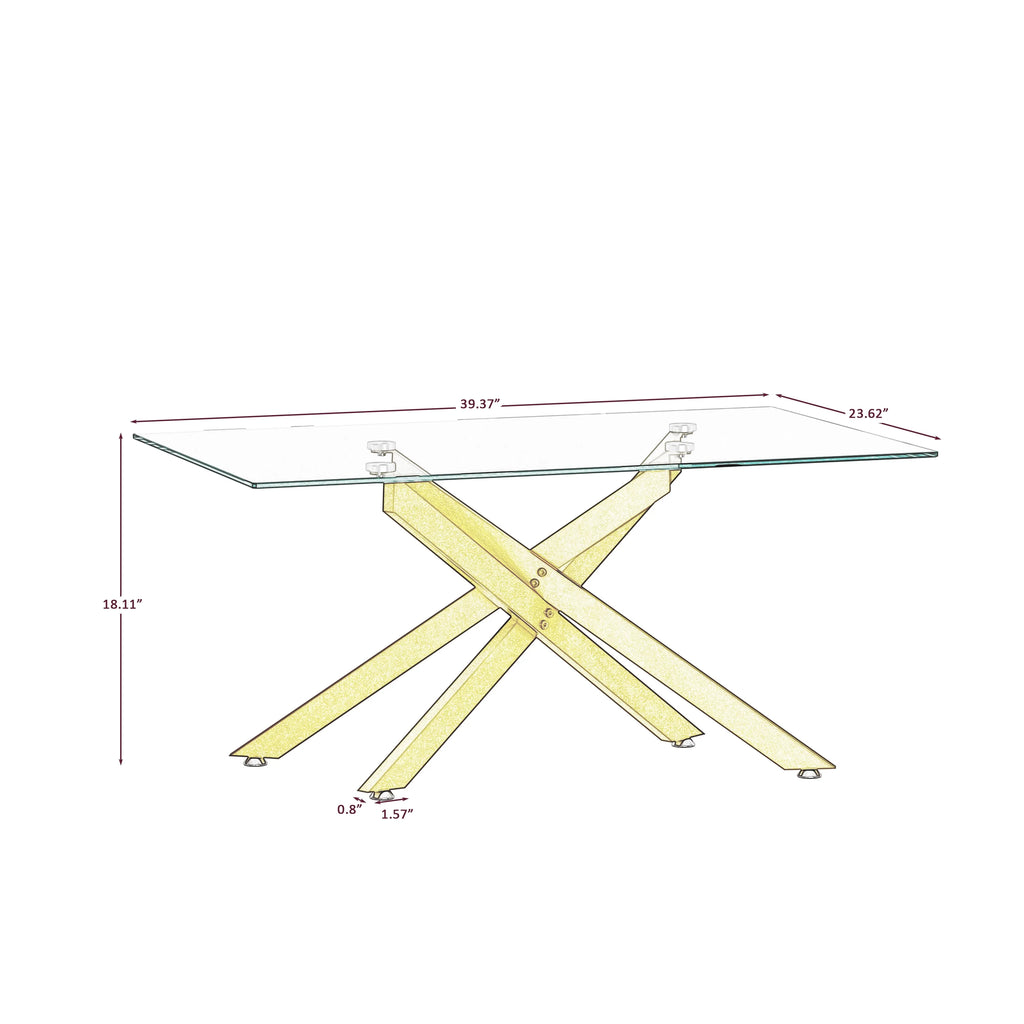 39.4" Rectangular Clear Tempered Glass Coffee Table with Golden Metal Legs R6141