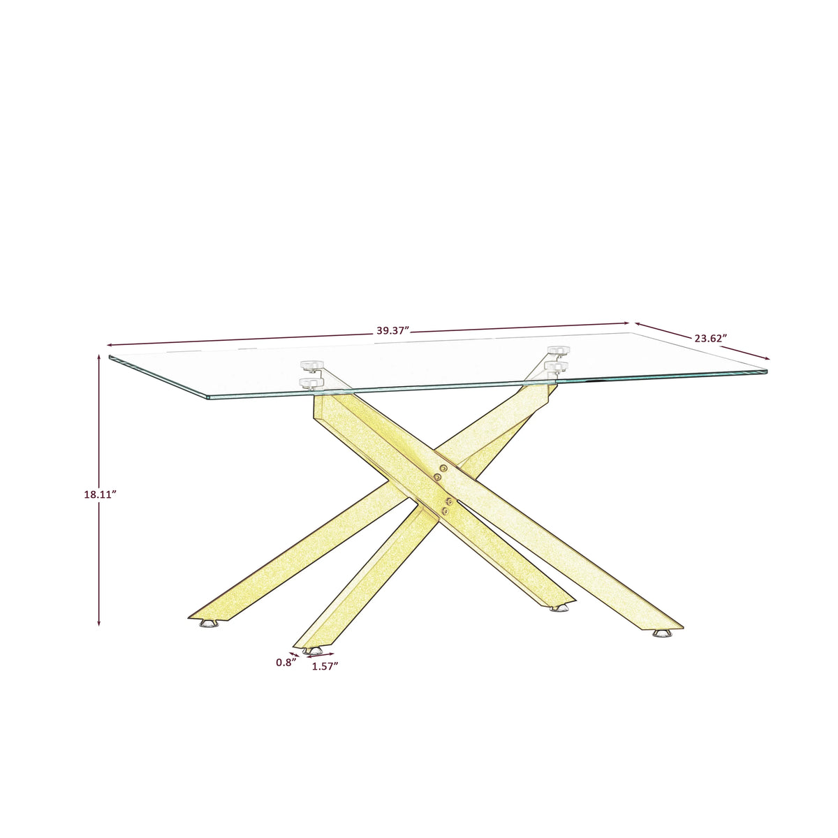 39.4" Rectangular Clear Tempered Glass Coffee Table with Golden Metal Legs R6141