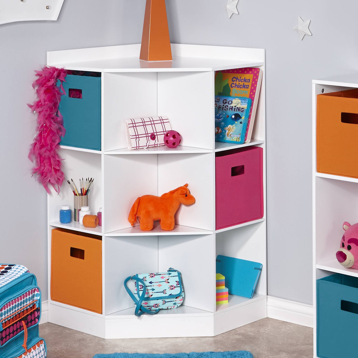 White 6-Cubby 3-Shelf Corner Cabinet G4794