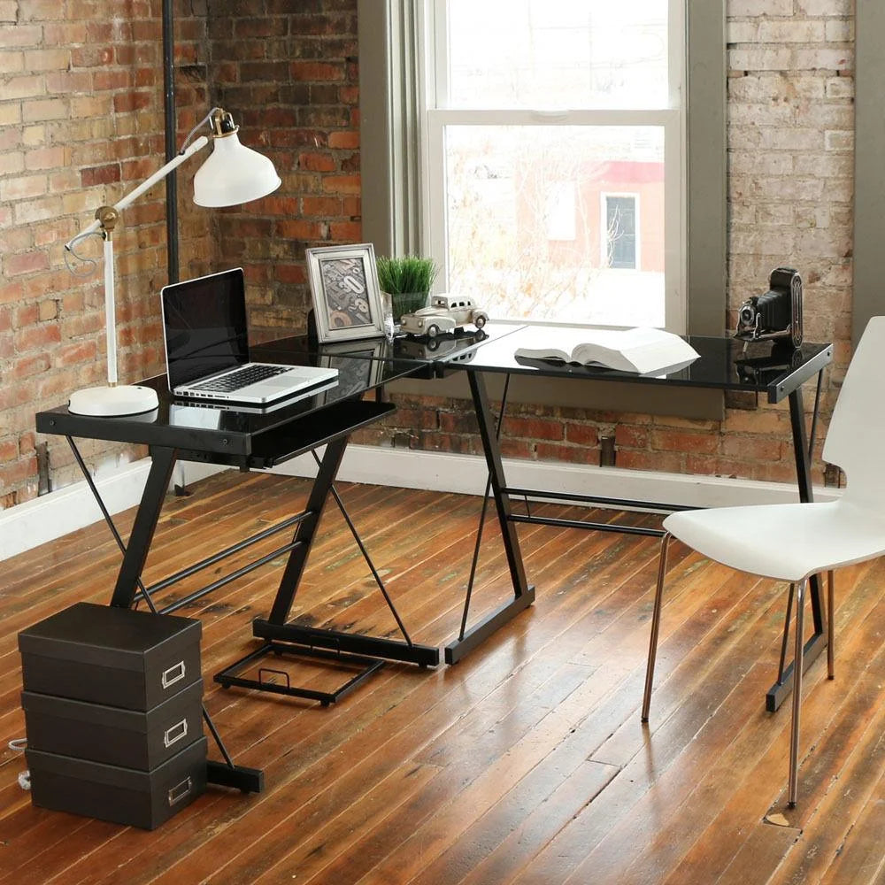 L-Shape Computer Desk with Black Glass M80200