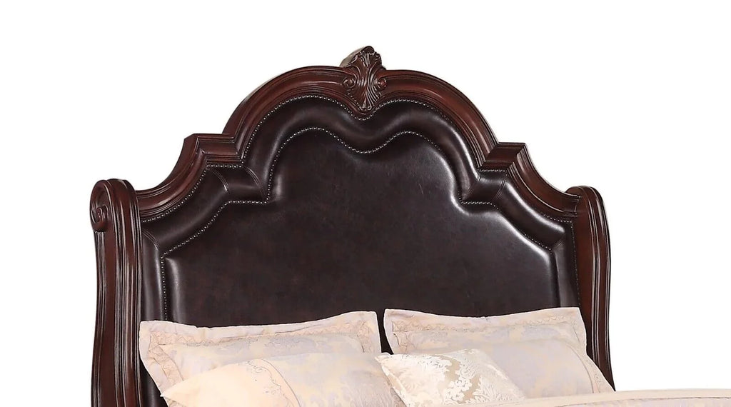King Panel Bed Set Brown Wooden Faux Leather G6237