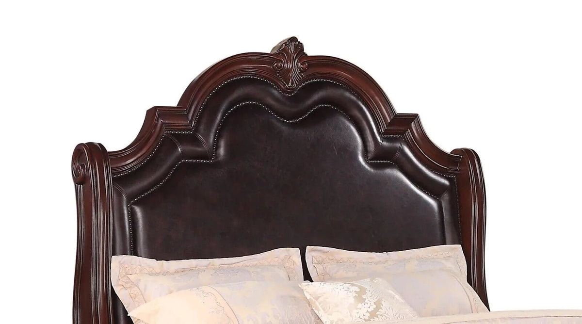 King Panel Bed Set Brown Wooden Faux Leather G6237