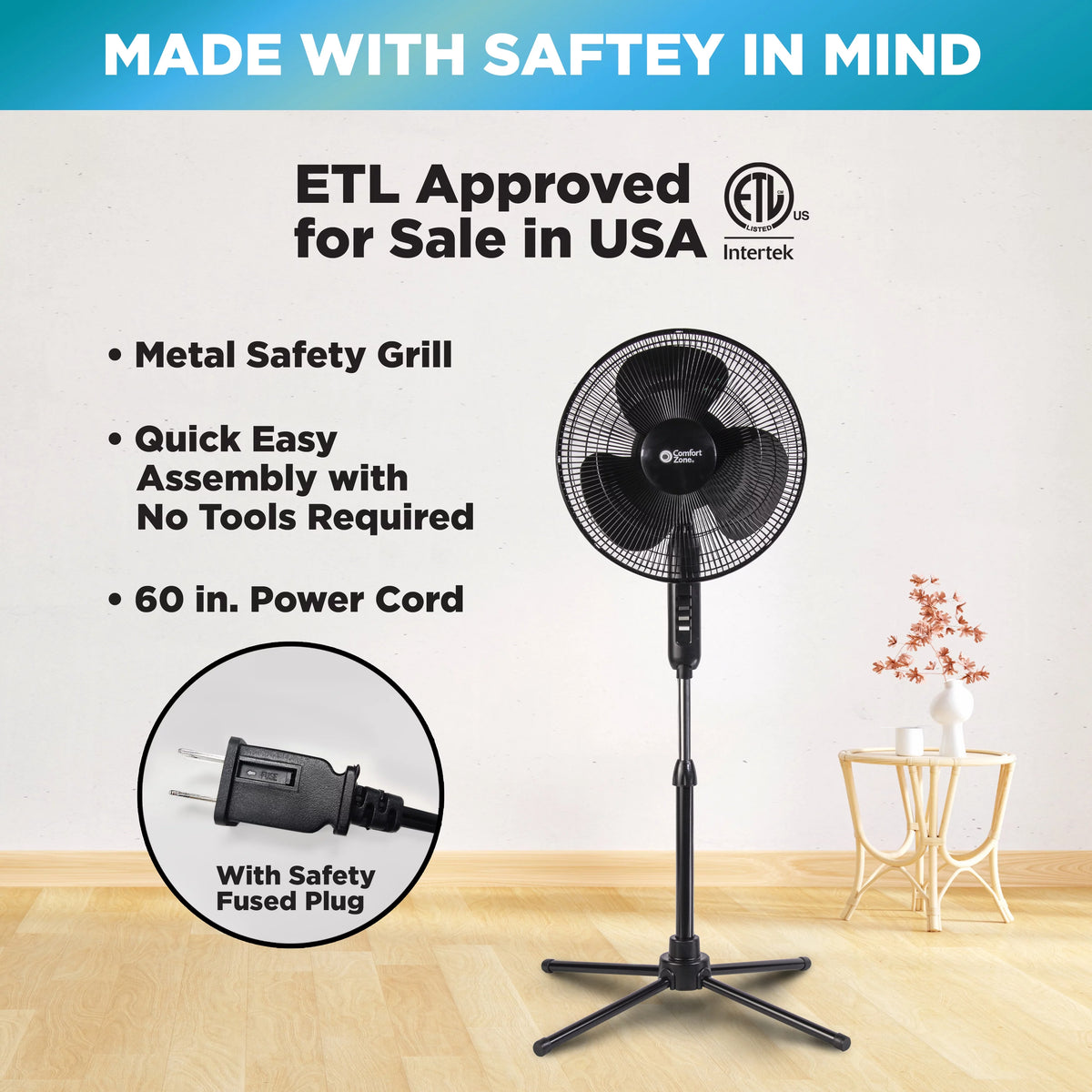 16” Oscillating Pedestal Fan, 3-speed, Adjustable Height and Tilt, Black P26596