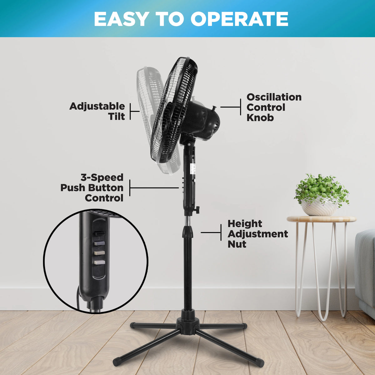 16” Oscillating Pedestal Fan, 3-speed, Adjustable Height and Tilt, Black P26596