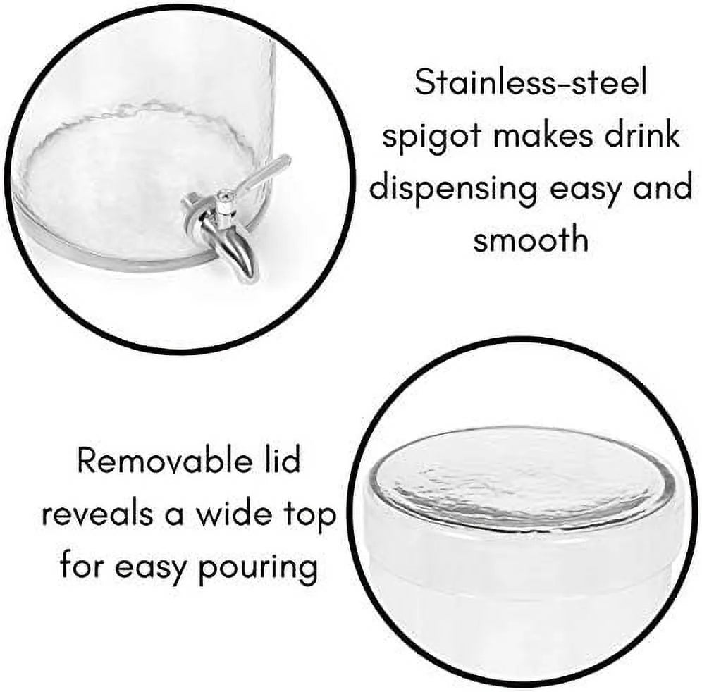 Gallon Beverage Dispenser With Lid, Hammered Glass, Stainless Steel Spigot R18355