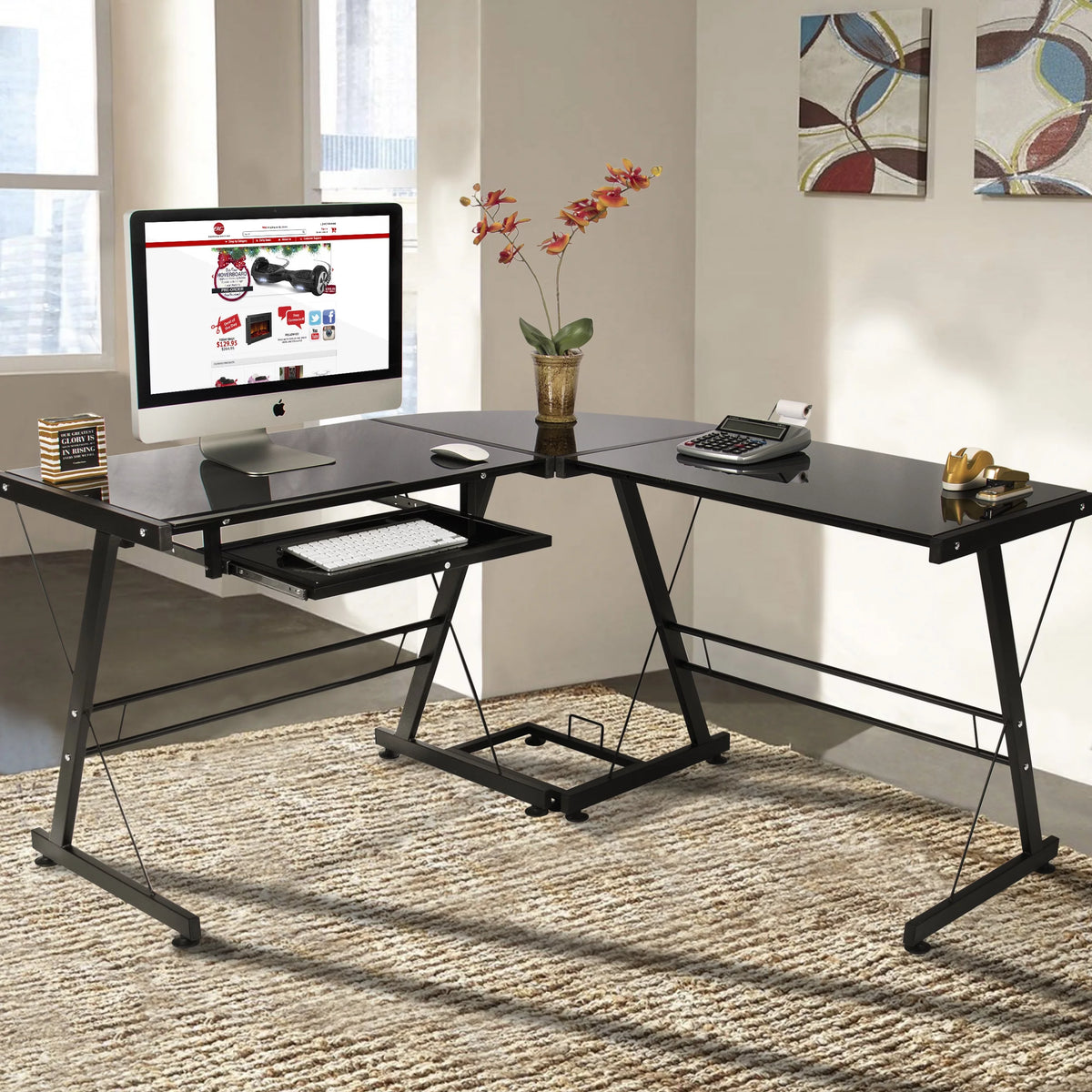 L-Shape Computer Desk with Black Glass M80200