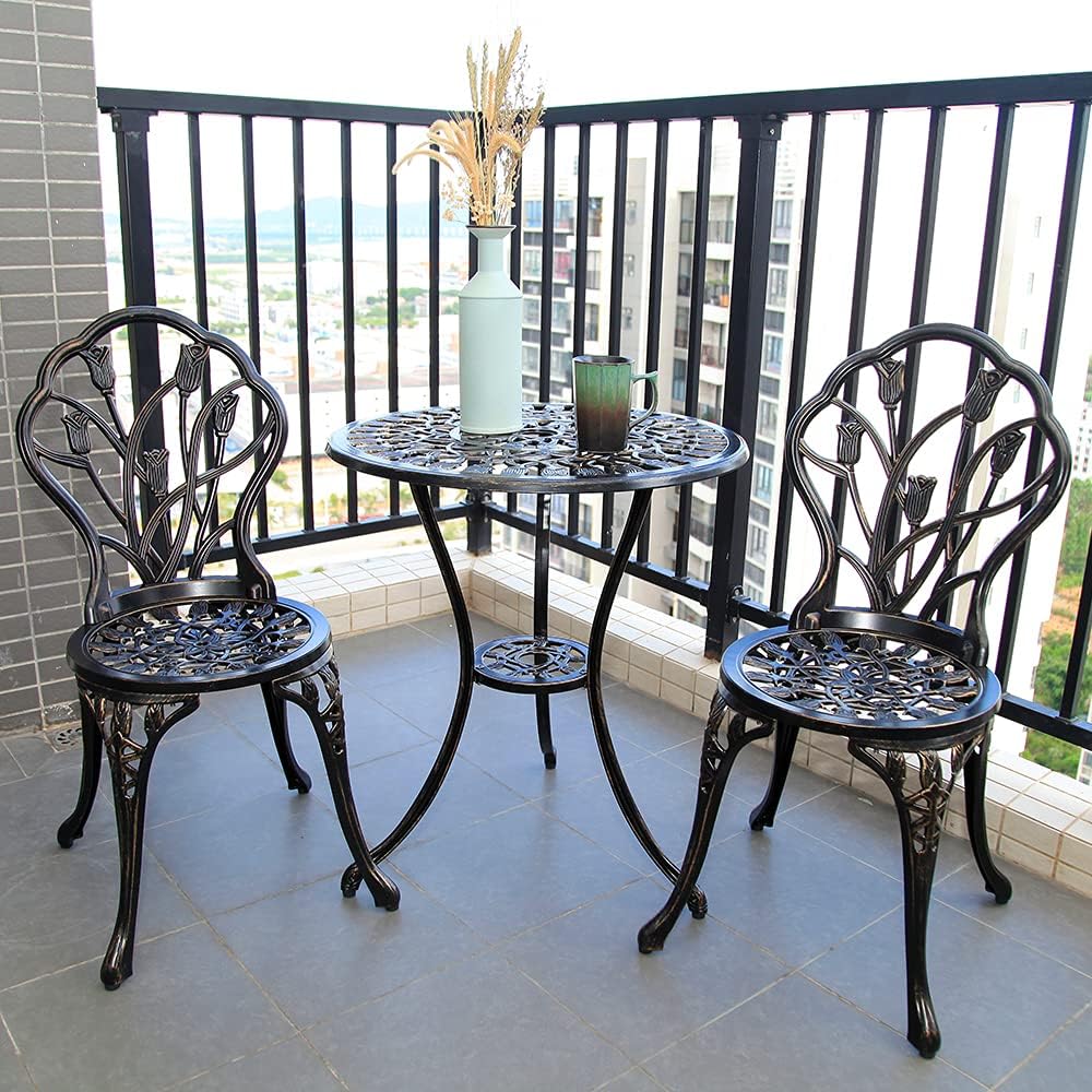 3 Pack Bistro Table and Chair Set with Rose Pattern Carving AntiRust Cast Aluminum Antique Bronze Outdoor Furniture A6678