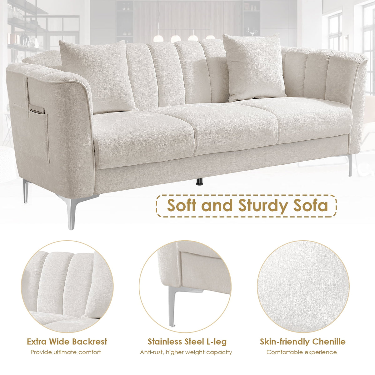 White Chenille Sofa with Armrests B233