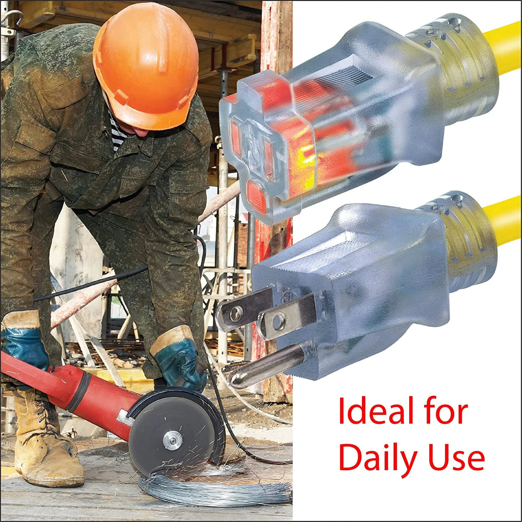 12/3 SJTW 100 ft Outdoor Extension Cord with Power Indicator Light, 3 Prong Grounded, Yellow Q6457