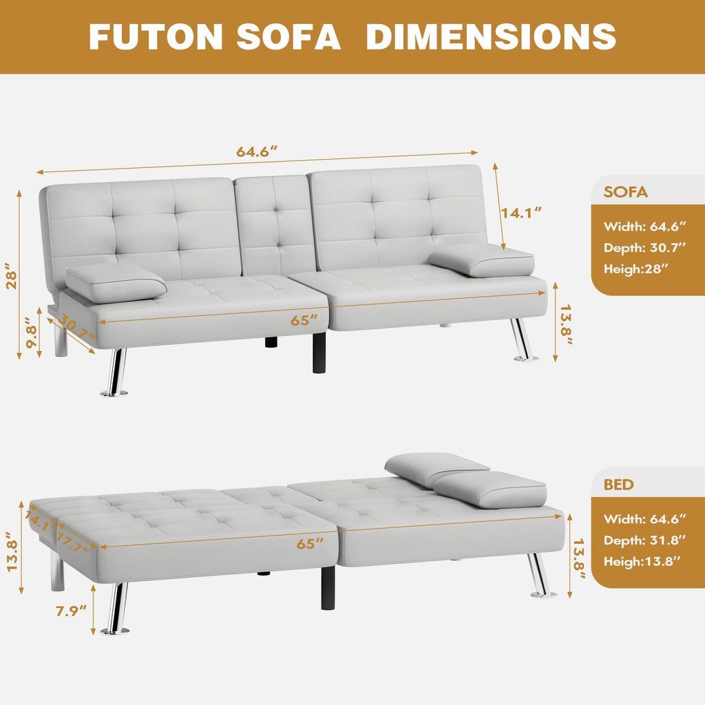 White Faux Leather Sofa Bed with Cup Holders L7347