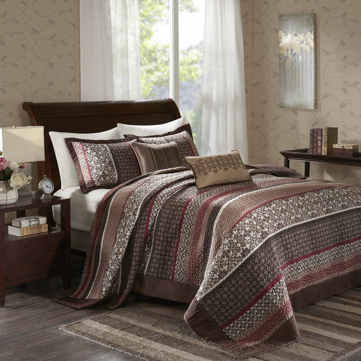 King Red 5 Piece Jacquard Bedspread Set D5731