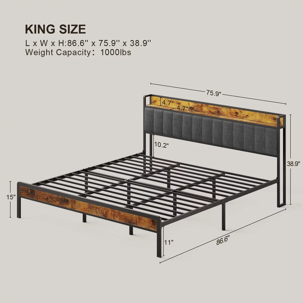 King Size Metal Bed Frame with Storage Headboard P572895