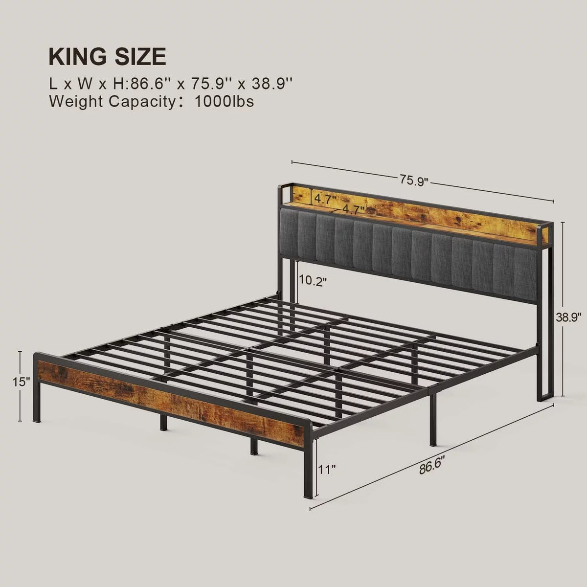 King Size Metal Bed Frame with Storage Headboard P572895