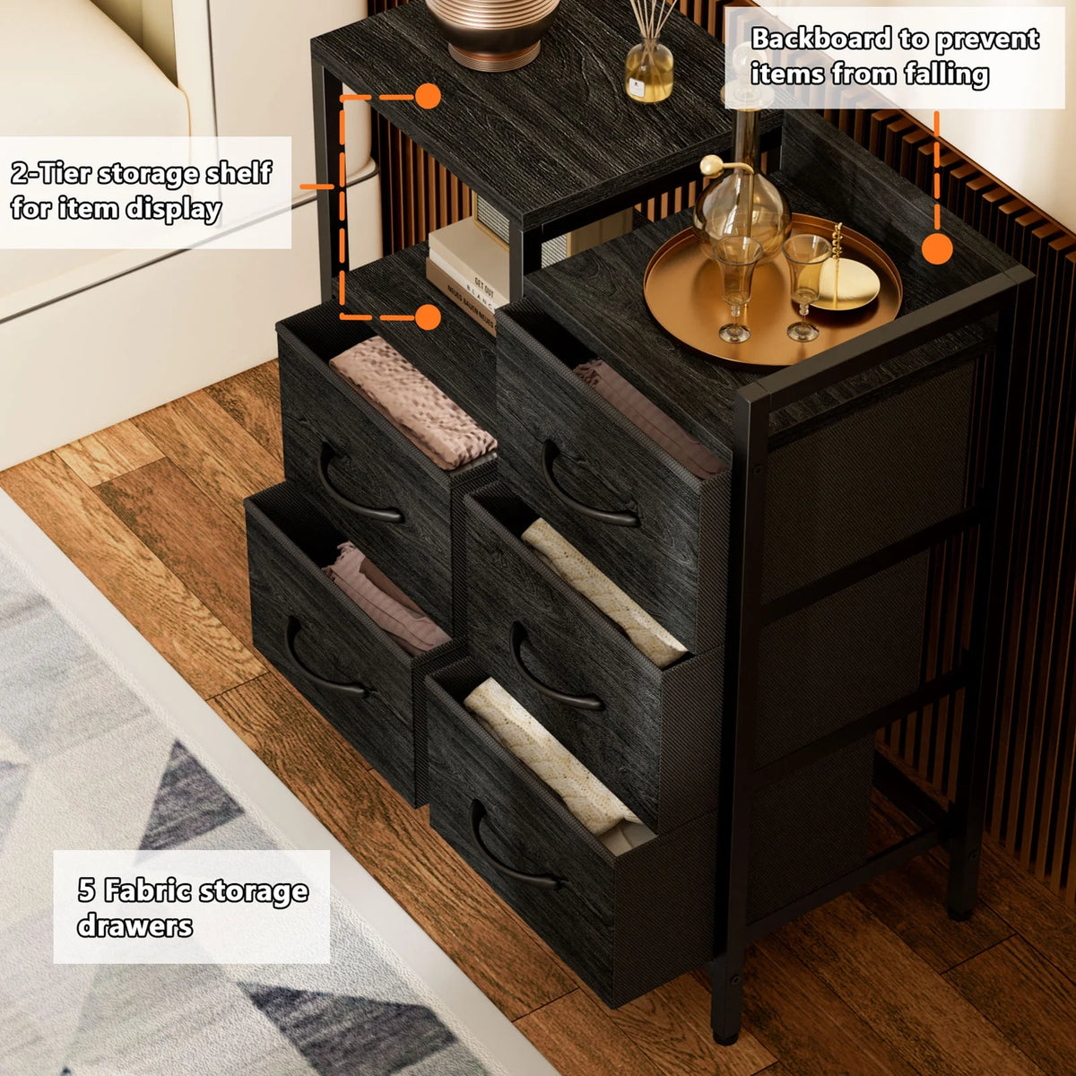 5 Fabric Drawers Rustic Brown Dresser with Shelves M9762
