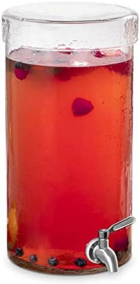 Gallon Beverage Dispenser With Lid, Hammered Glass, Stainless Steel Spigot R18355