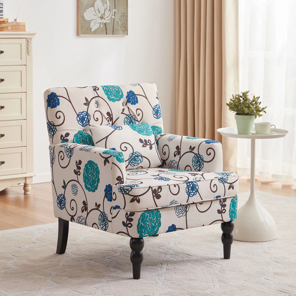 Beige Linen Upholstered Accent Chair with Ottoman H577723