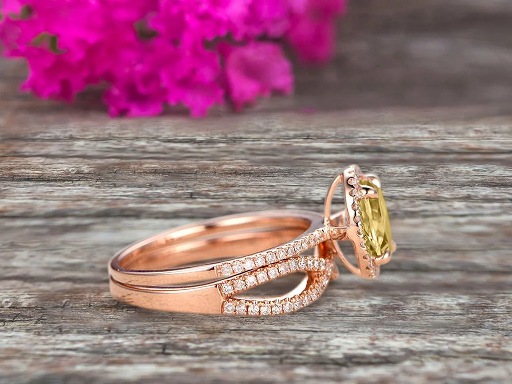 Oval Cut Champagne Diamond Moissanite Engagement Ring Set On 10k Rose Gold B361894