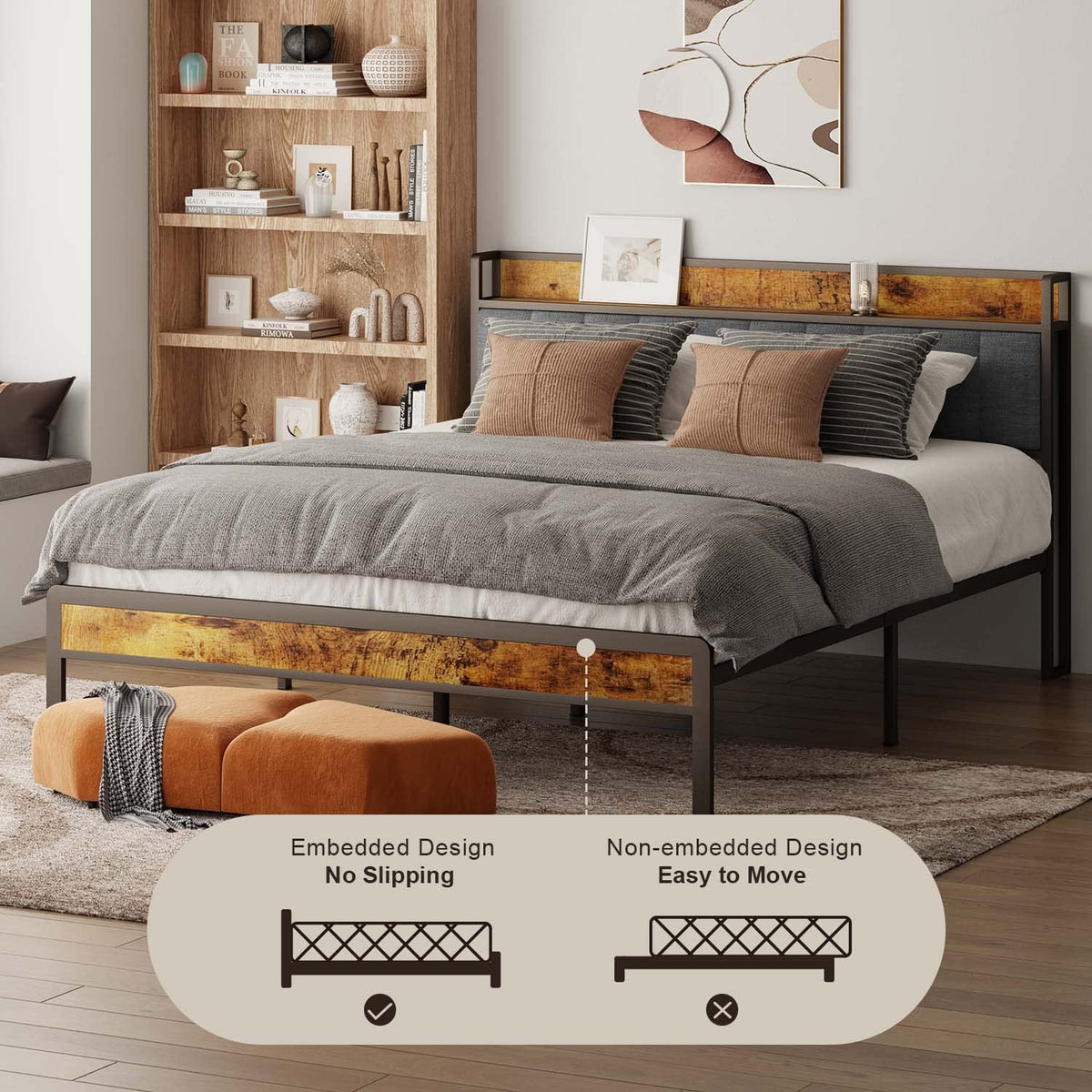 King Size Metal Bed Frame with Storage Headboard P572895