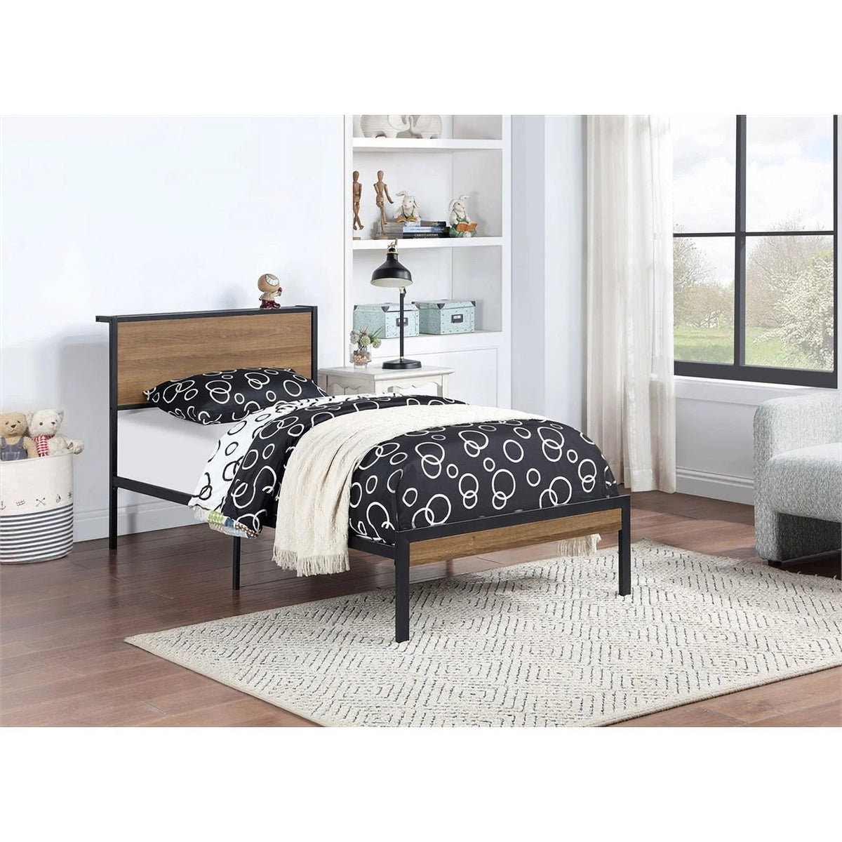 Light Oak Black Metal Twin Platform Bed X817