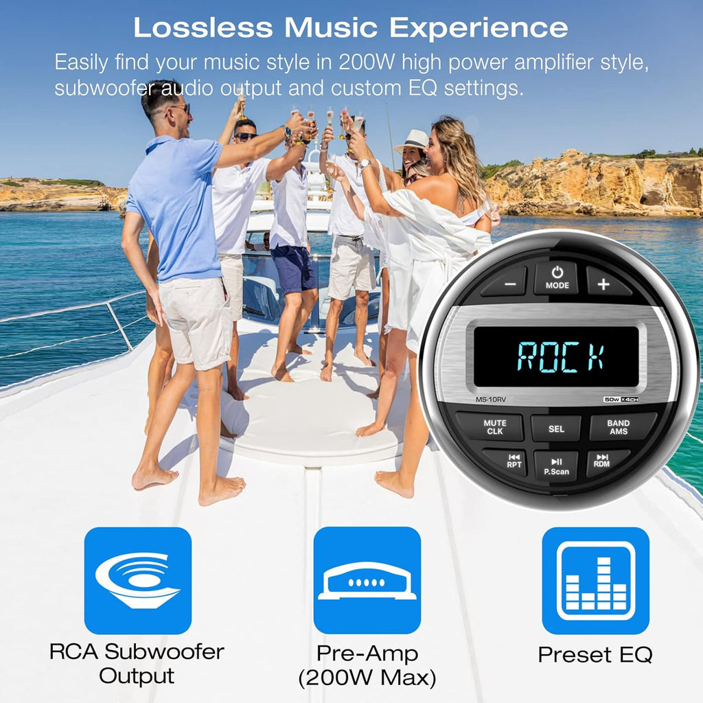Waterproof Marine Grade Bluetooth Boat Stereo Receiver with FM AM Radio, USB, AUX-in, MP3, Subwoofer, Pre-Amp & EQ R206946