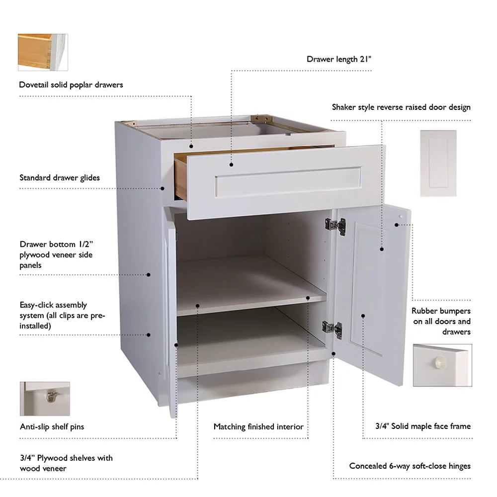 White Shaker Drawer Base Kitchen Cabinet 18x34.5x24 I678
