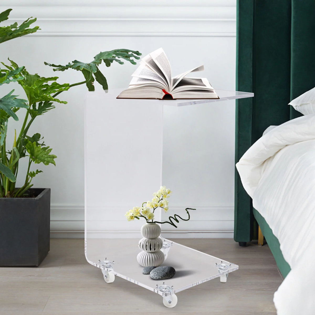 Clear Acrylic C-Shape Sofa Side Table with Wheels N4495