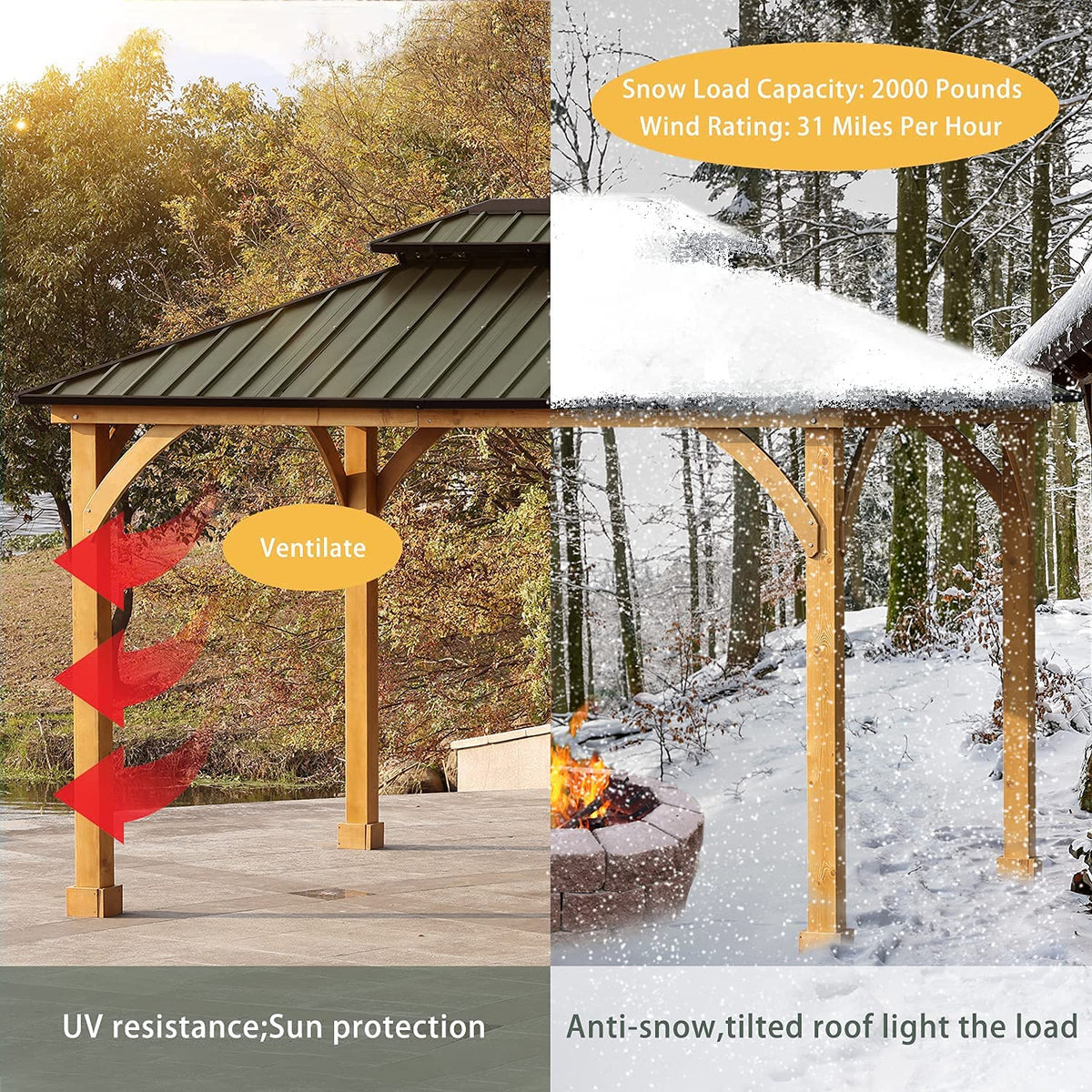 Green 10 x 12 ft. Solid Wooden Gazebo with Hardtop Roof G19112