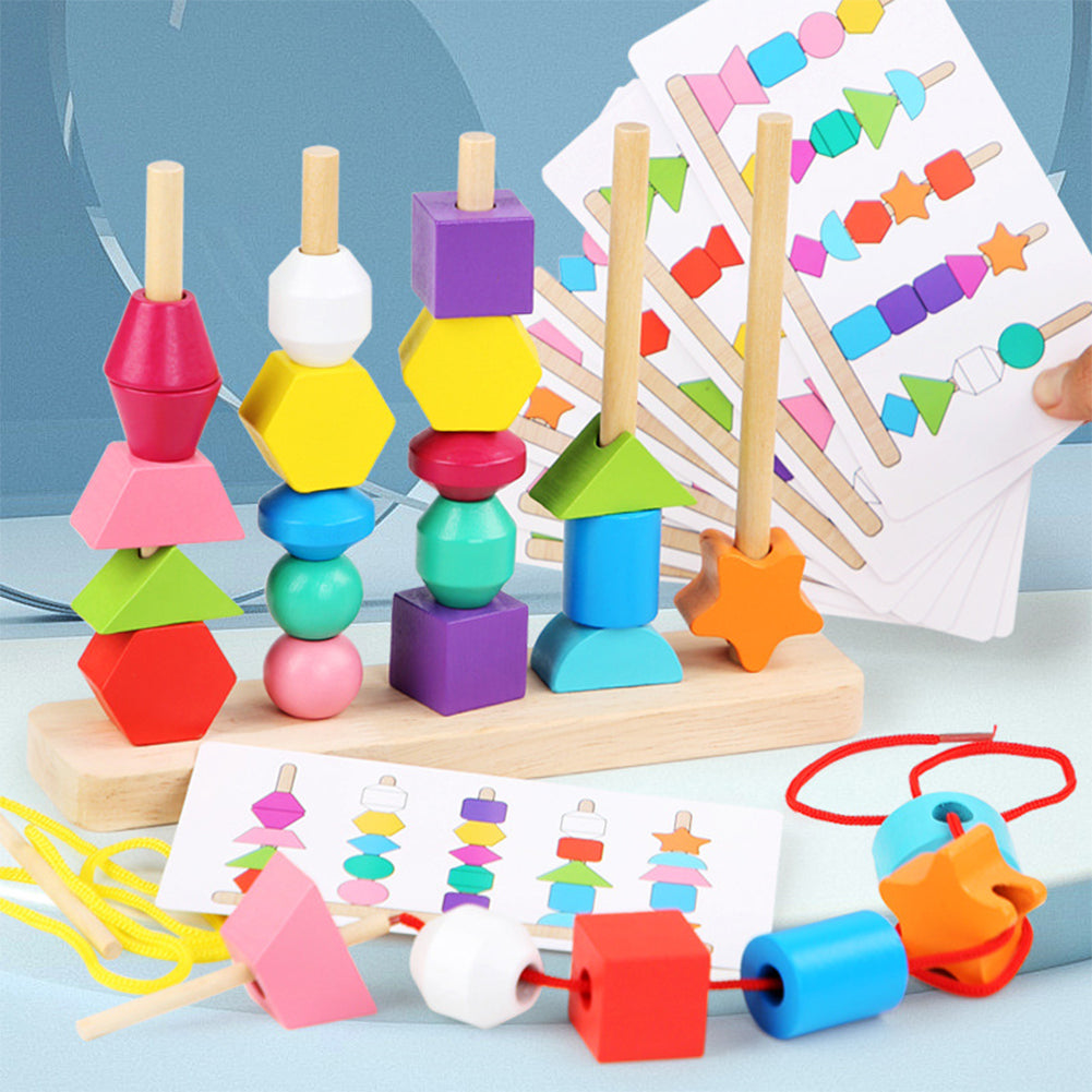 Wooden Stacking Blocks Lacing Beads Shape Matching Toy M3454