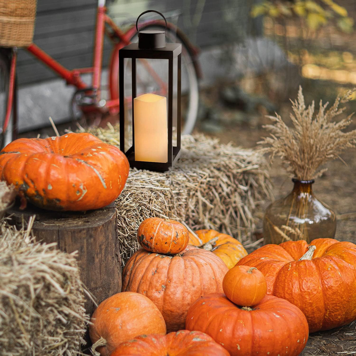 Large Outdoor Lantern with Solar Candle, 18 Inch Tall, Matte Black Metal Frame D2981