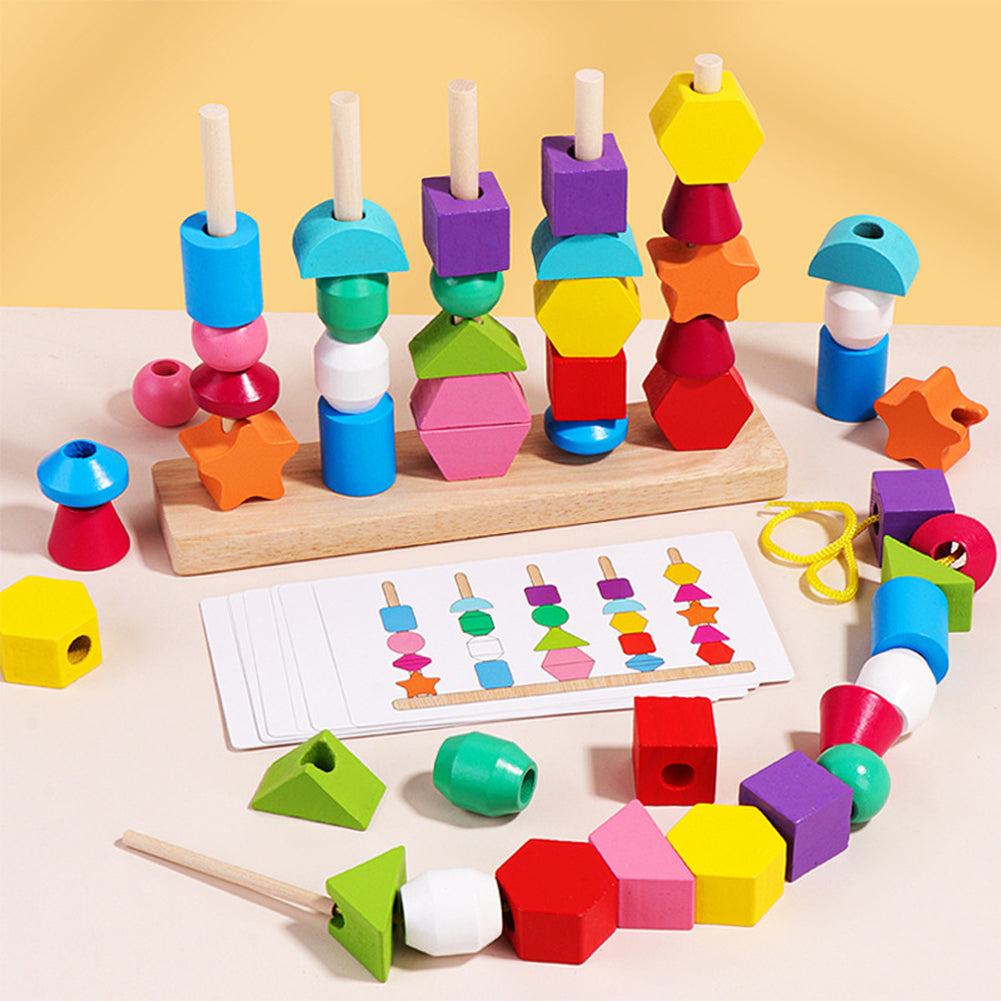 Wooden Stacking Blocks Lacing Beads Shape Matching Toy M3454