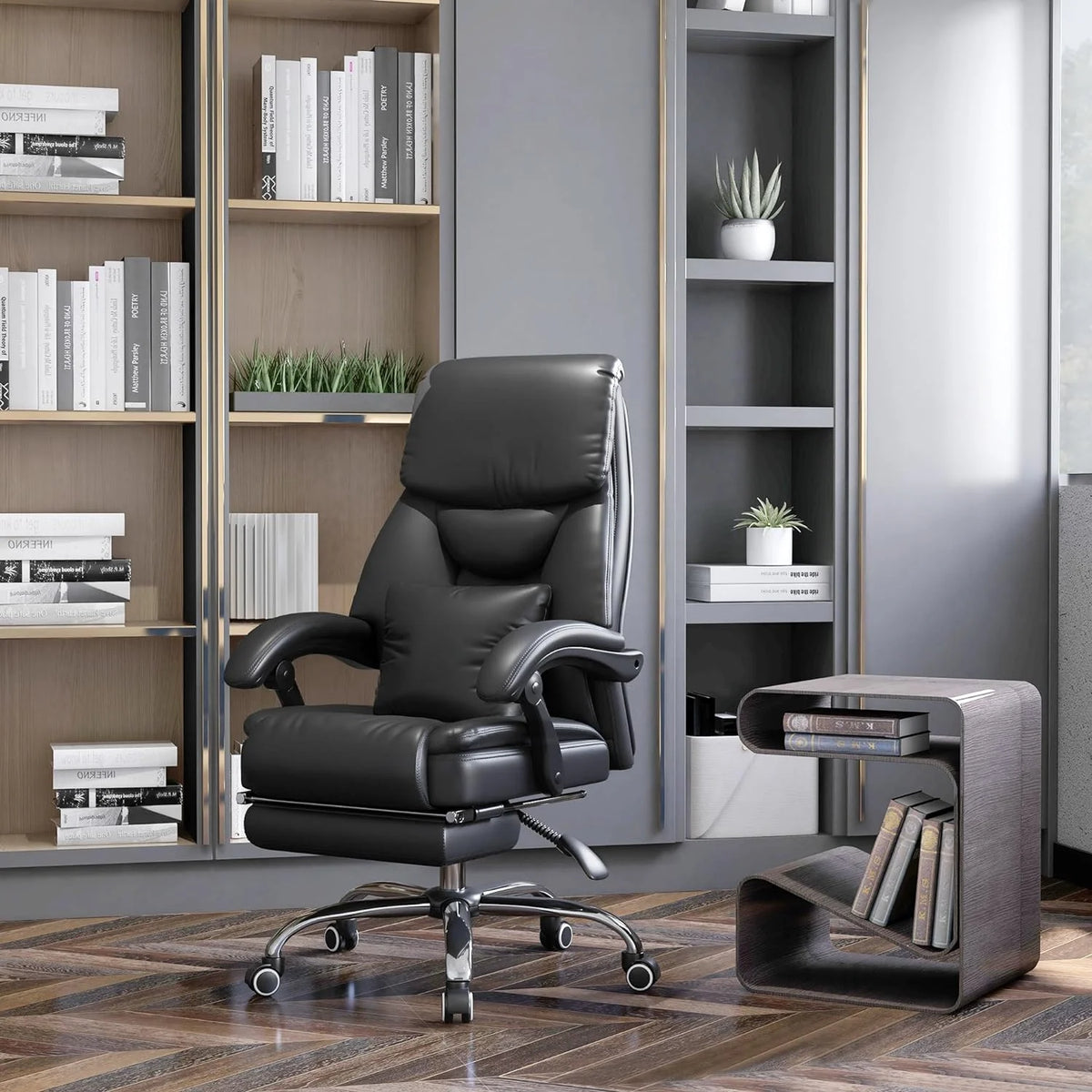 Black PU Leather Reclining Office Chair with Footrest Y86672