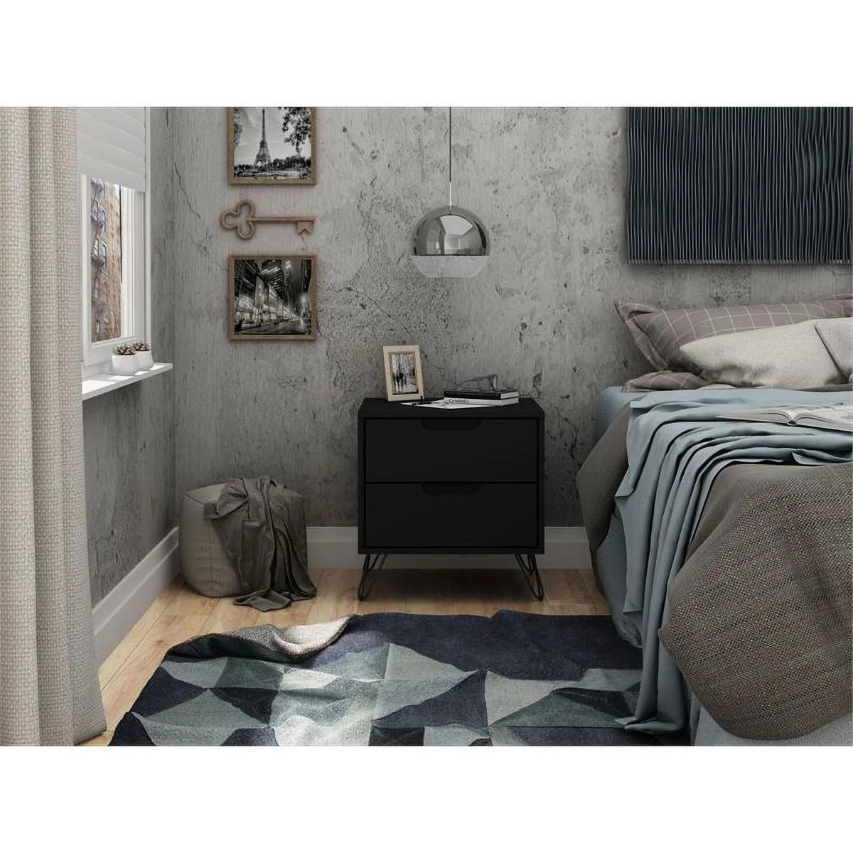 2-Drawer Black Engineered Wood Nightstand I4382