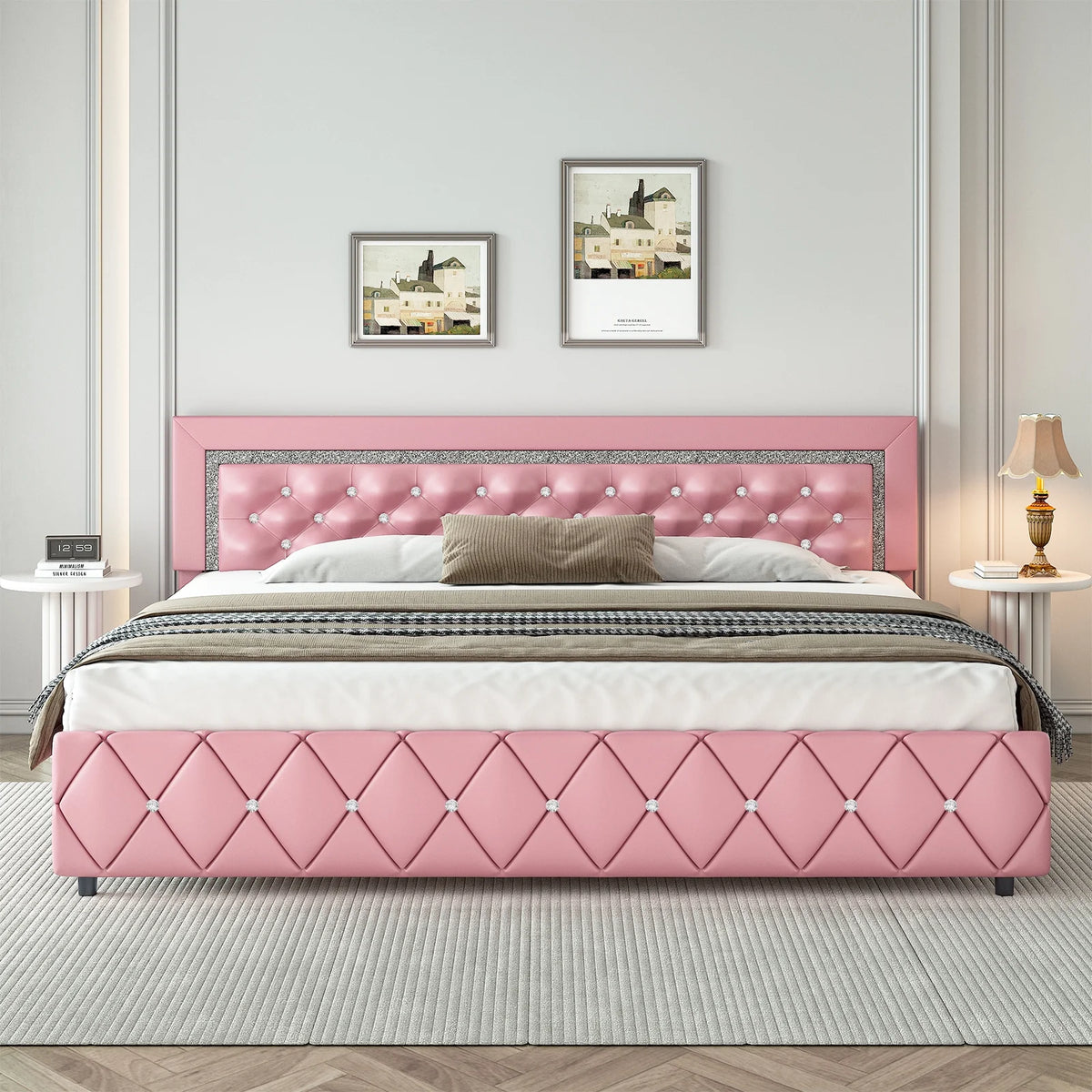 King Upholstered Platform Bed Frame with PU Faux Leather Tufted Headboard C699