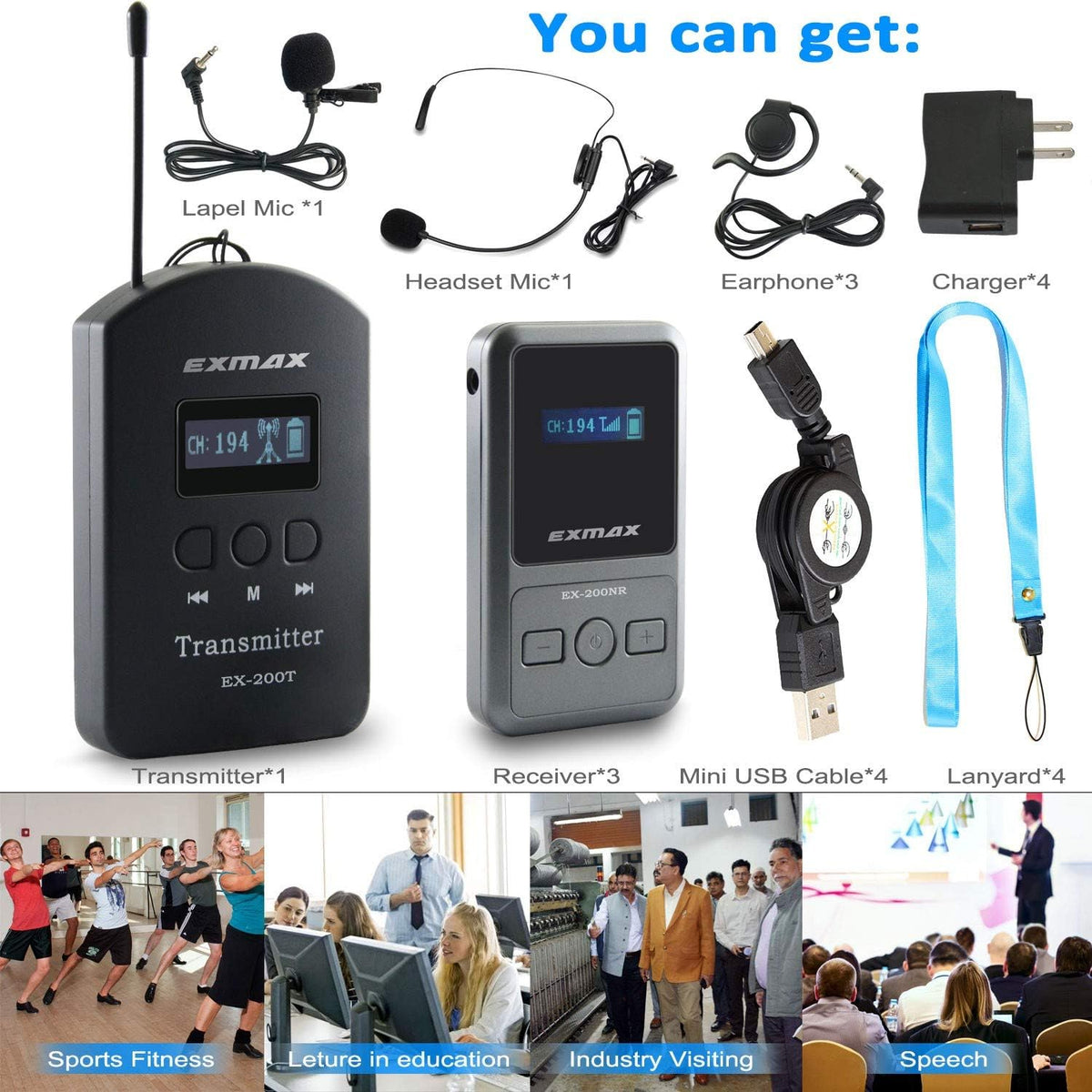 UHF Wireless Tour Guide Device 200 Channels 1 Transmitter & 3 Receivers U20648