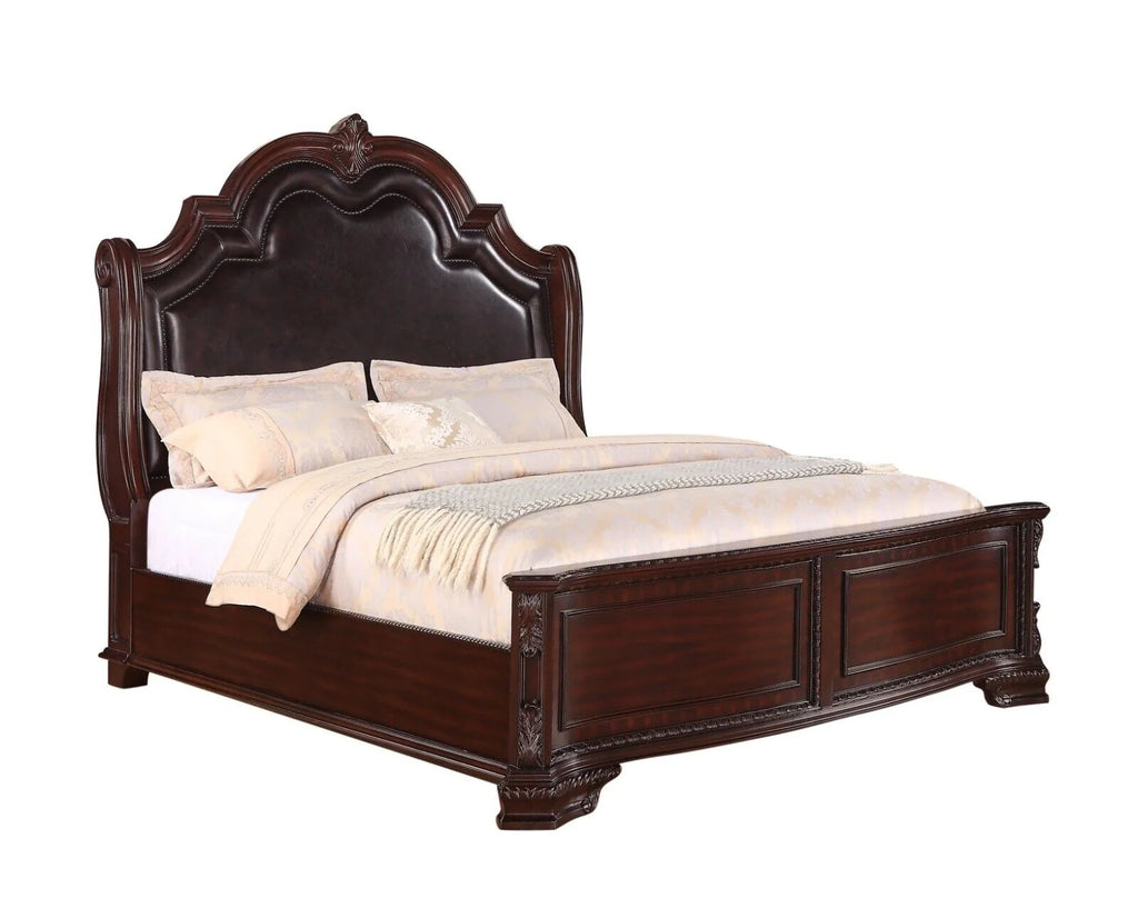 King Panel Bed Set Brown Wooden Faux Leather G6237