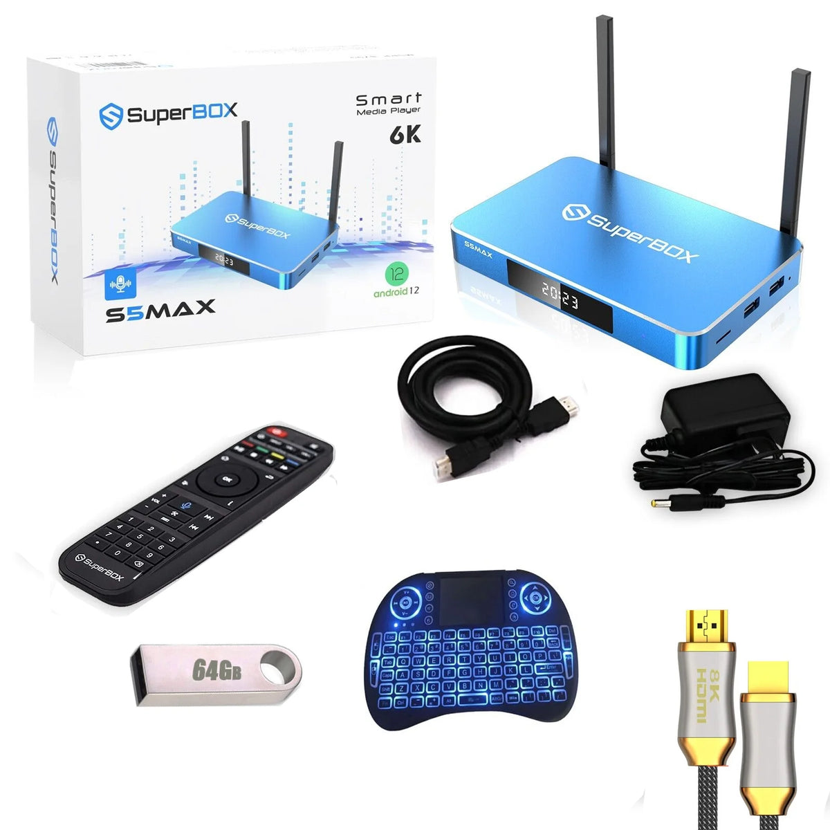 Superbox S5 Max 6k HD US mini Backlit keyboard 8k hd cable 64g usb flash driver F747