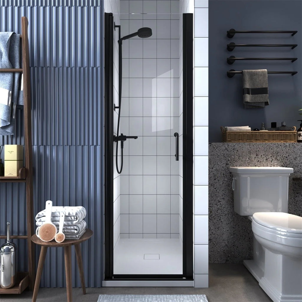24-25.5 W x 72 H Black Hinged Pivot Clear Glass Shower Door B183959