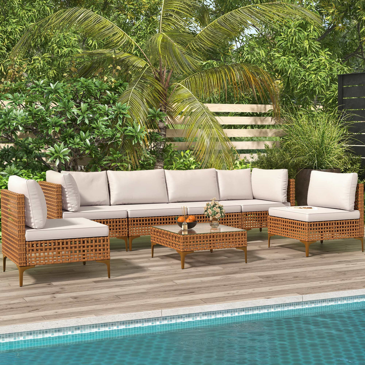 7-Piece PE Wicker Outdoor Sectional Sofa Set with Coffee Table J36622