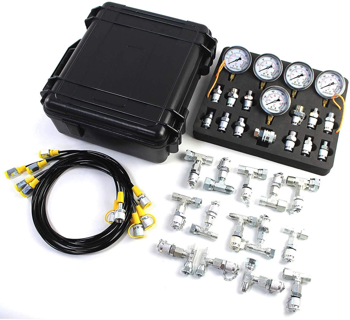 Hydraulic Pressure Test Kit with 5 Gauges, 5 Test Hoses, 13 Couplings and 14 Tee Connectors E51029