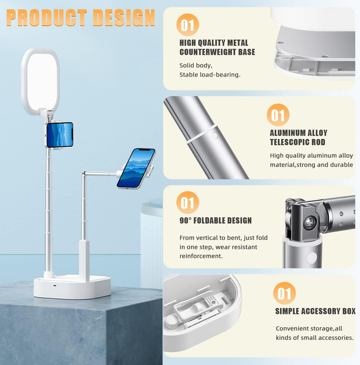 Extendable Selfie Light Stand, Adjustable Phone Selfie Stand, Overhead 360° Rotation Two Phone Holders, Rechargeable Wireless Phone Mount with LED Light, Pack of 2 E205