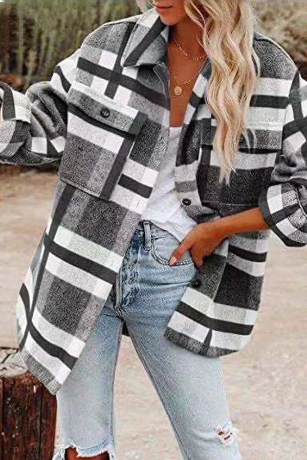 Plaid Pocket Buckle Turndown Collar Outerwear H80502