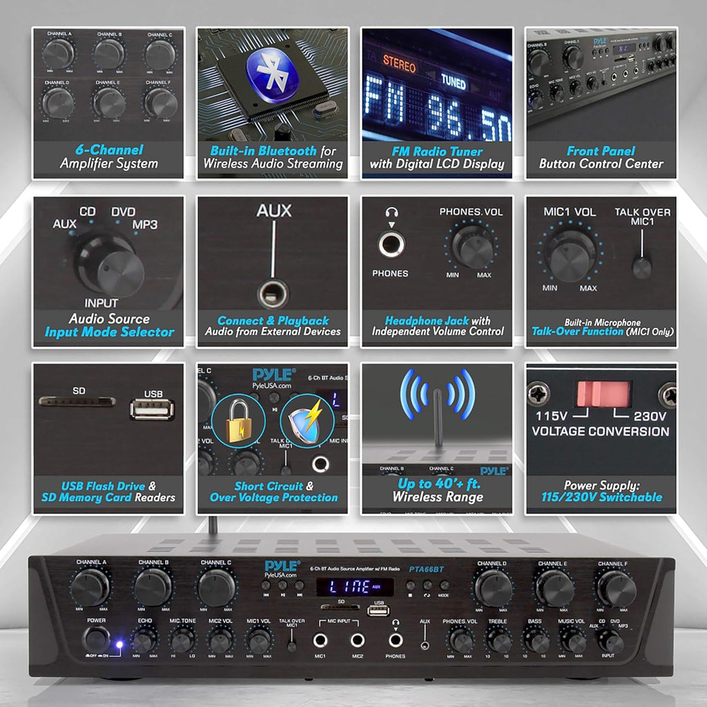 6 Channel 600 Watt Bluetooth Stereo Receiver Amplifier with Digital LCD T99219