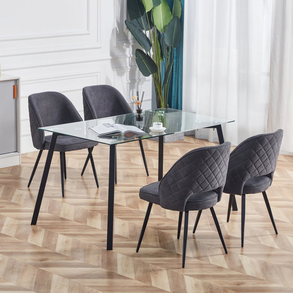Rectangular Glass Dining Table for 4-6 with Tempered Glass Tabletop and Black Metal Legs I41568