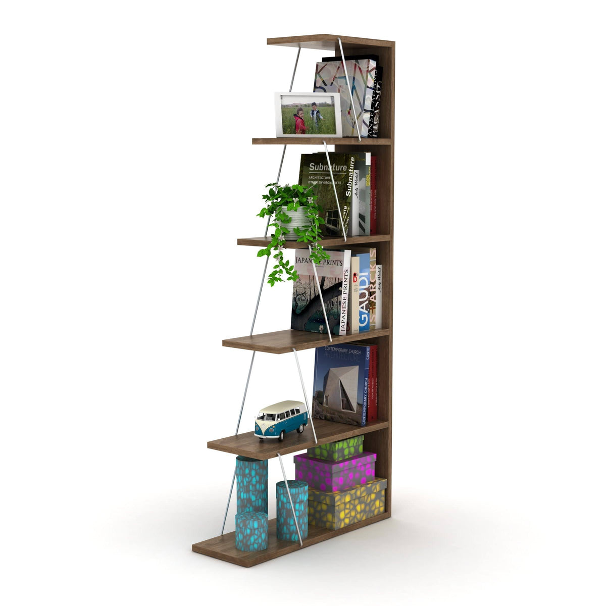 Chrome-White 5-Shelf Angled Bookcase B25354